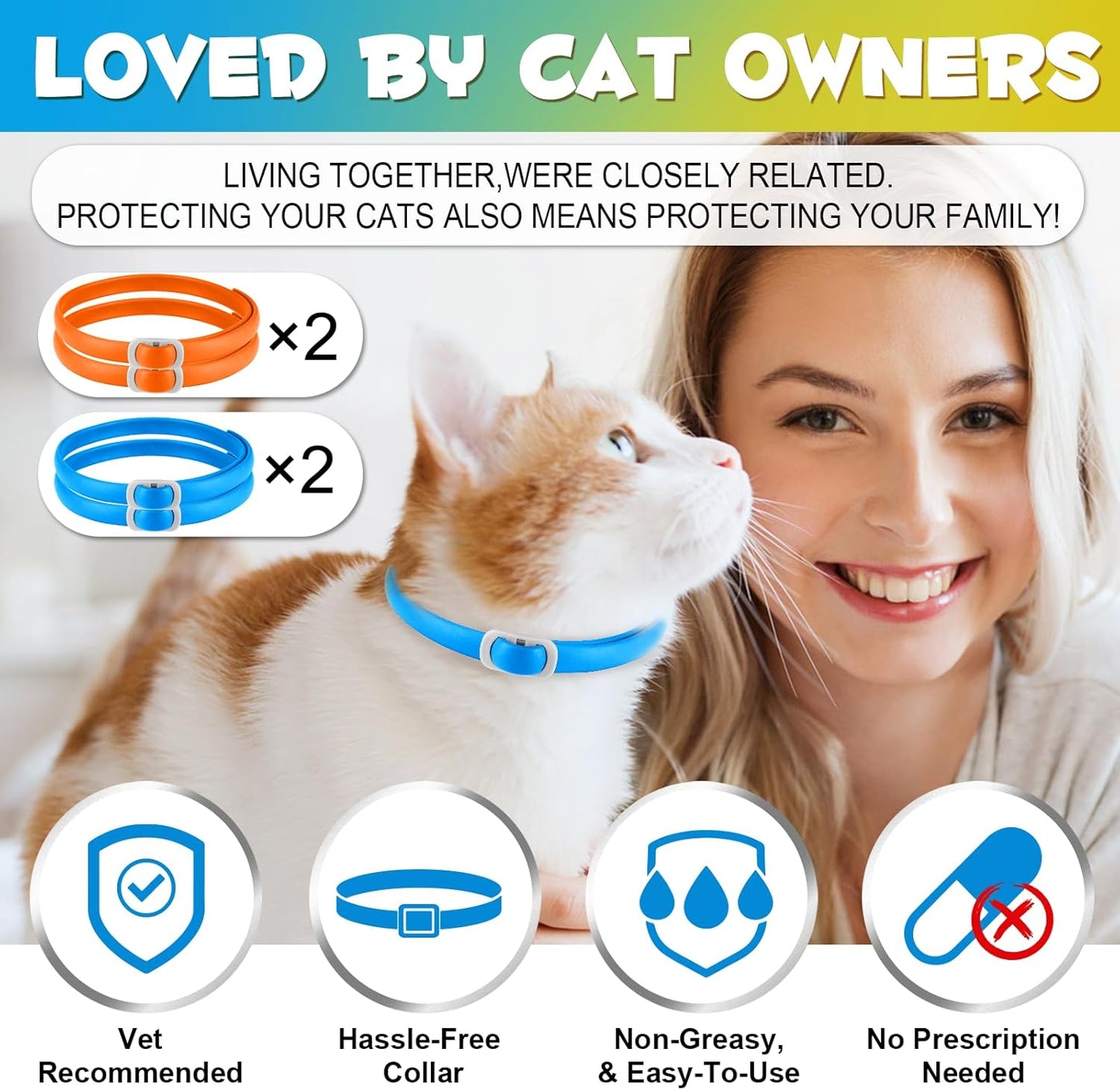 Cat Flea and Tick Collar | 24-Month Flea & Tick Prevention | Adjustable, Water-Resistant & Safe | Natural Ingredients | for Cats of | 4-Pack (Blue and Orange, Normal)