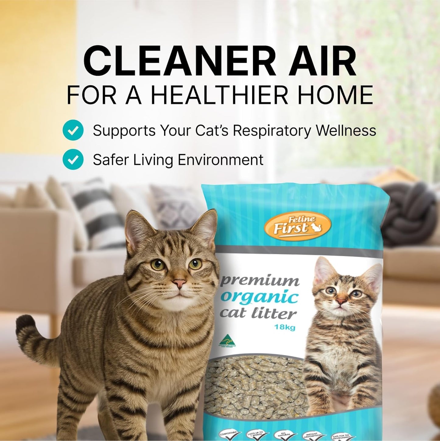 Feline First Premium Organic Cat Litter 18kg - Fragrance-Free, Long-Lasting, Made from Natural Materials - Ideal for Sensitive Indoor Cats
