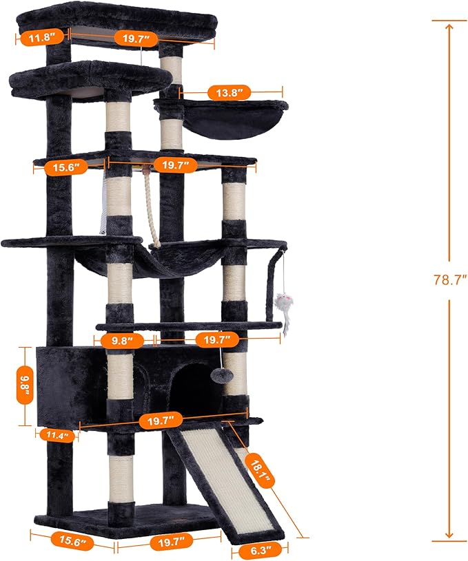 Heybly Tall Cat Tree, 78-inch Multi-Level Cat Tower for Indoor Cats, 2 Widened Plush Perches Cat Condo with Scratching Board and Big Caves, Smoky Gray HCT033G