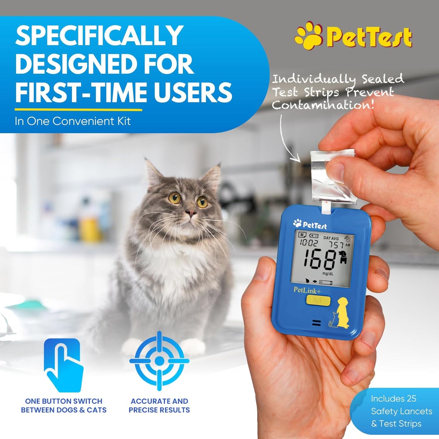 PetTest Beginner Glucose Monitoring Kit for Dogs & Cats, Diabetic Pet Blood Sugar Check Gear, Includes Wireless PetLink+ Meter, 25 Test Strips