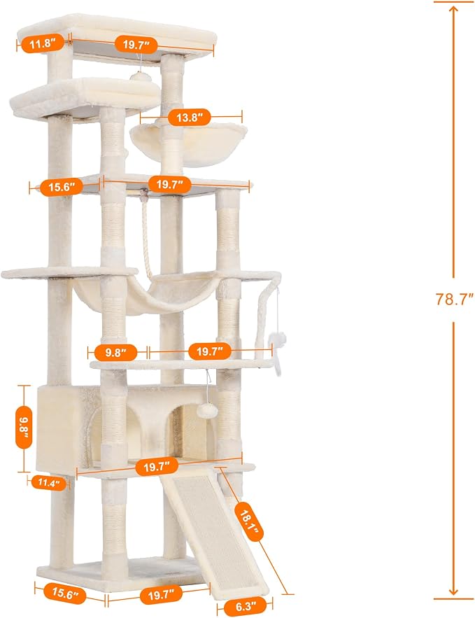 Heybly Tall Cat Tree 78-inch Multi-Level Cat Tower for Indoor Cats HCT033M | Cat Condo with 2 Widened Plush Perches, Multi-Level Cat Furniture with Scratching Board, Big Caves, Beige