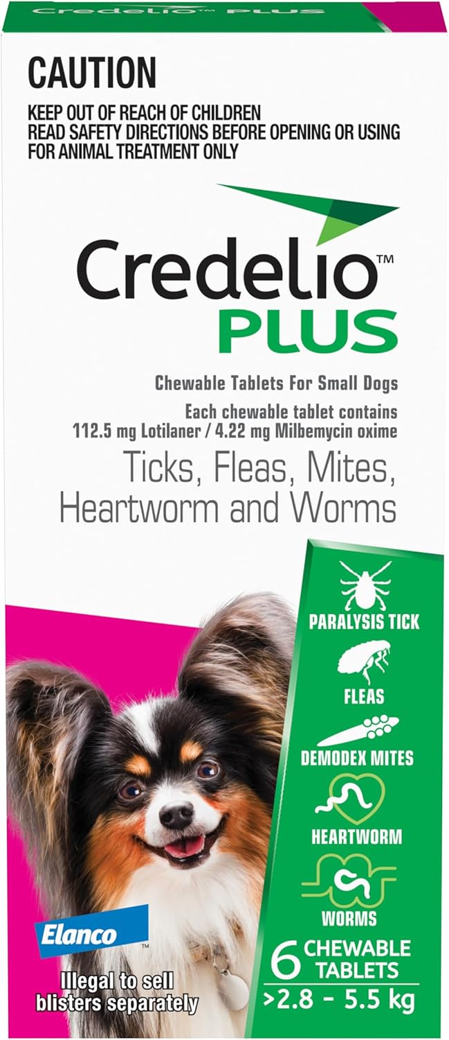 Credelio Plus Dog Flea and Tick Treatment, Six Pack, Ticks, Fleas, Mites, Heartworm & Worms Parasite Protection, in The Smallest Monthly Chewable Tablet for Dogs > 2.8-5.5 kg, 6 Pack