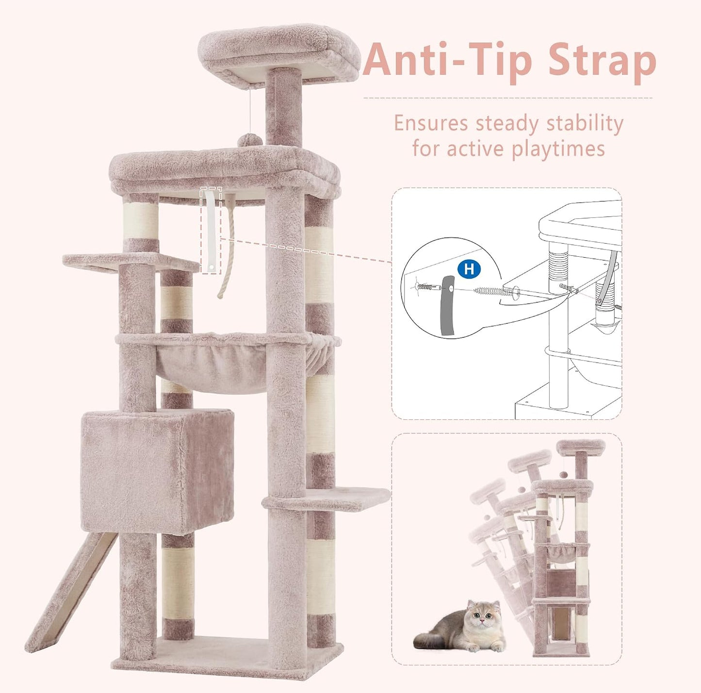 Heybly 64.2" Heavy-Duty Cat Tree for Large Cats with Wide Base HCT027MU | Rosy Brown