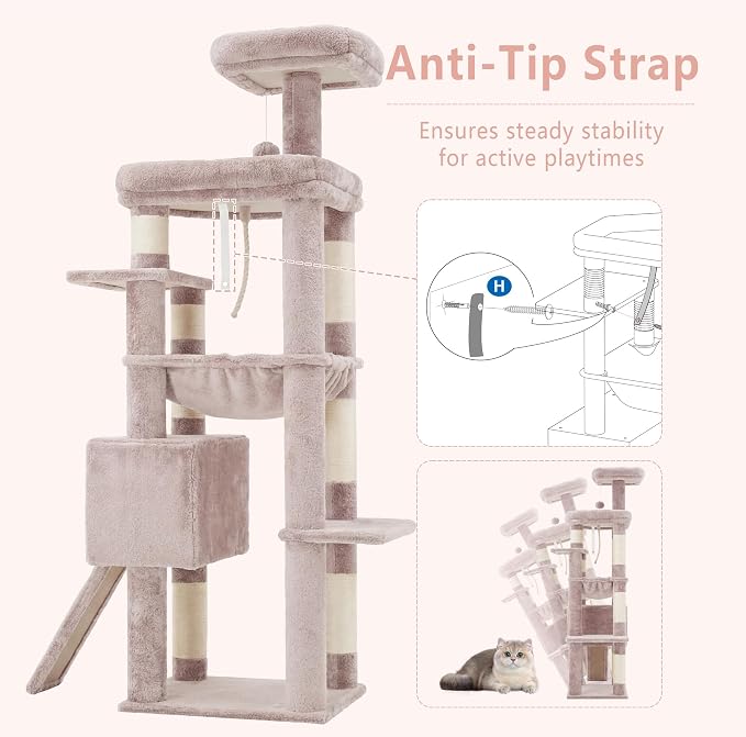 Heybly 64.2" Heavy-Duty Cat Tree for Large Cats with Wide Base HCT027MU | Rosy Brown
