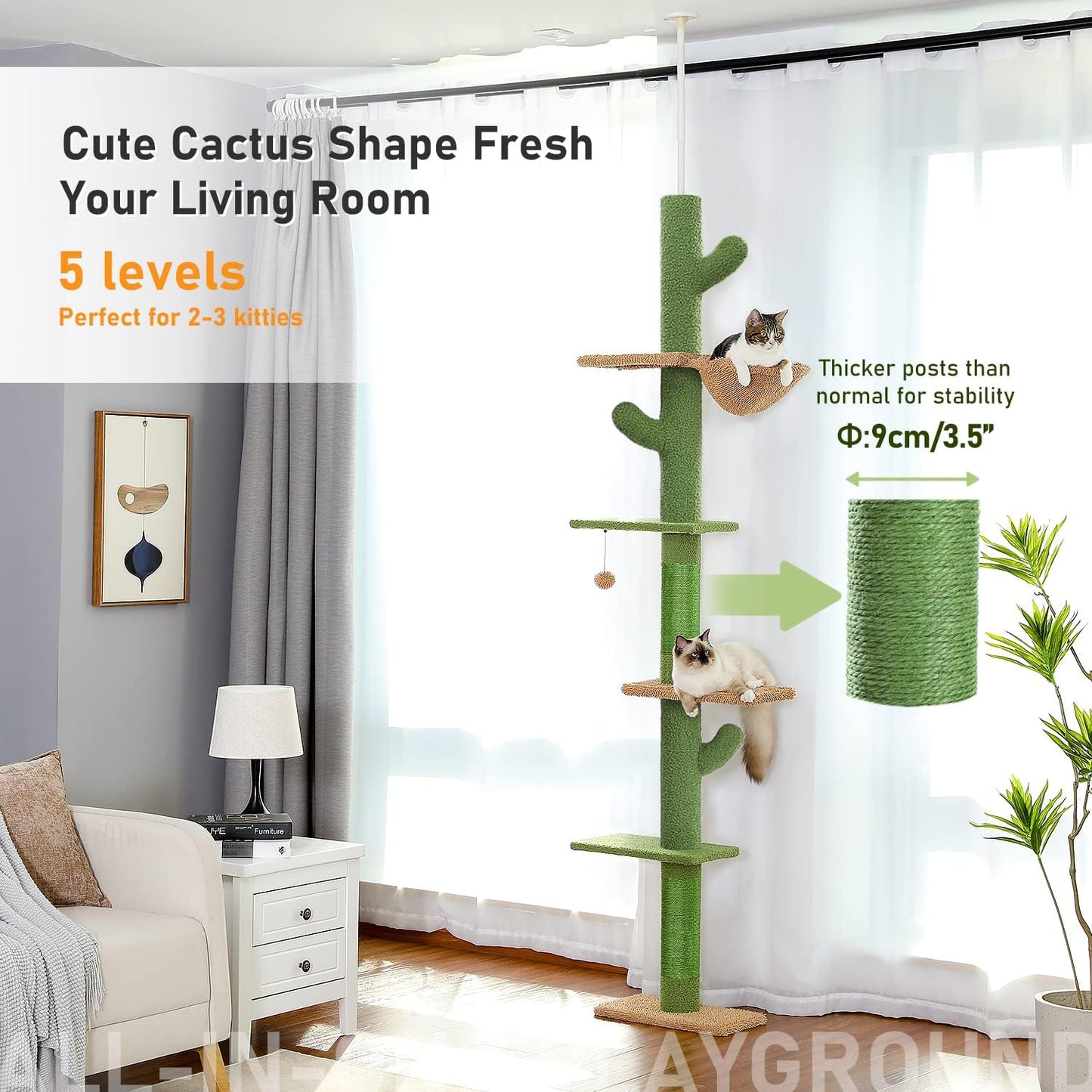 PAWZ Road Floor to Ceiling Cactus Cat Tree for Indoor Cats, Tall Cat Tower [229CM-275CM] Adjustable, Cat Climbing Tree with Cat Scratching Post, Hammock, Dangling Ball Toy,Green