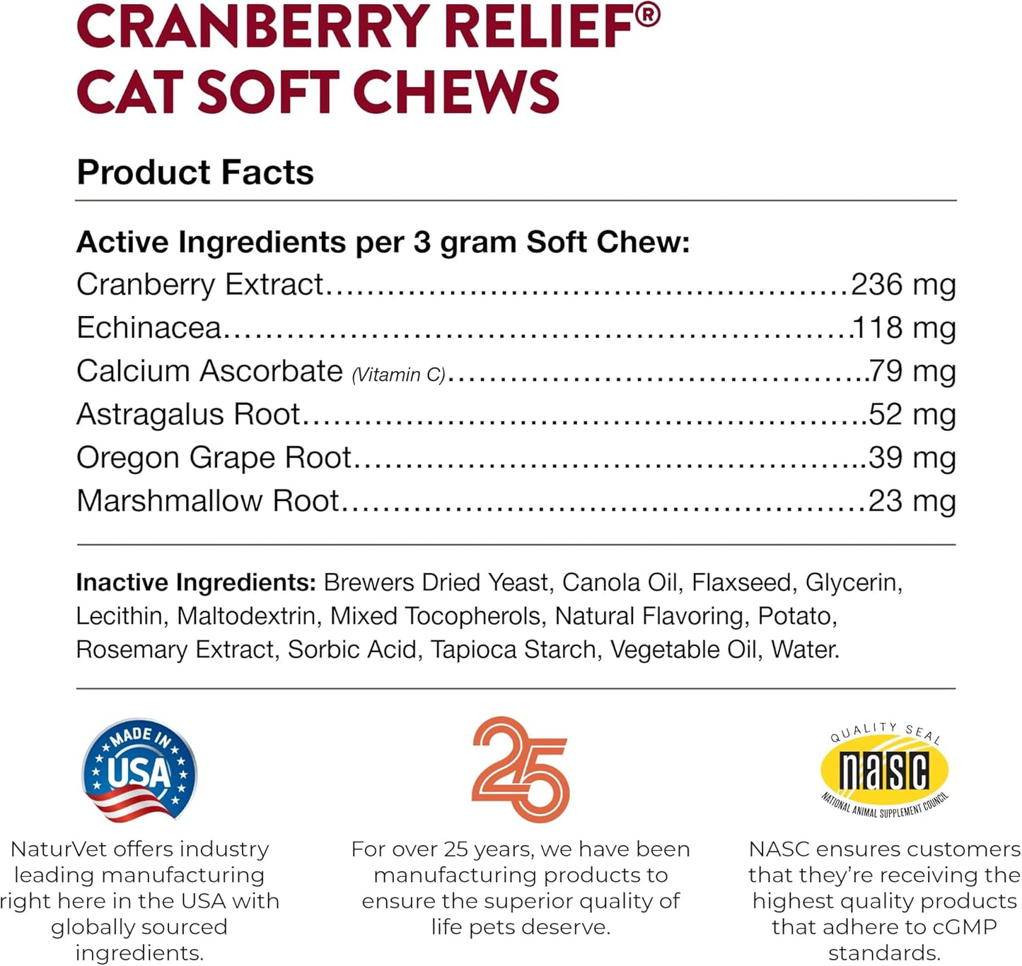 NaturVet Cranberry Relief & Echinacea Cat Soft Chew Cup Healthy Urinary 60ct