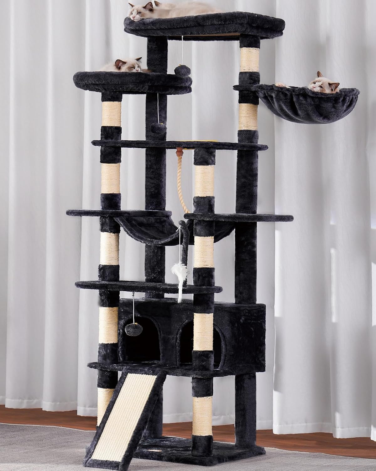 Heybly Tall Cat Tree, 78-inch Multi-Level Cat Tower for Indoor Cats, 2 Widened Plush Perches Cat Condo with Scratching Board and Big Caves, Smoky Gray HCT033G