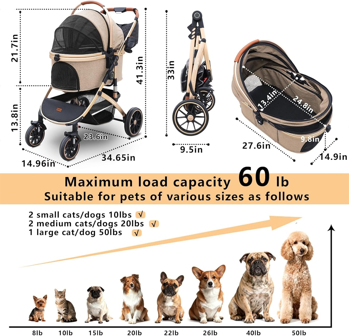 Dog stroller with 4 Wheels, Folding Cat Stroller for Small/Medium/Large dogs & cats to 60 lbs, pet stroller with removable carrier