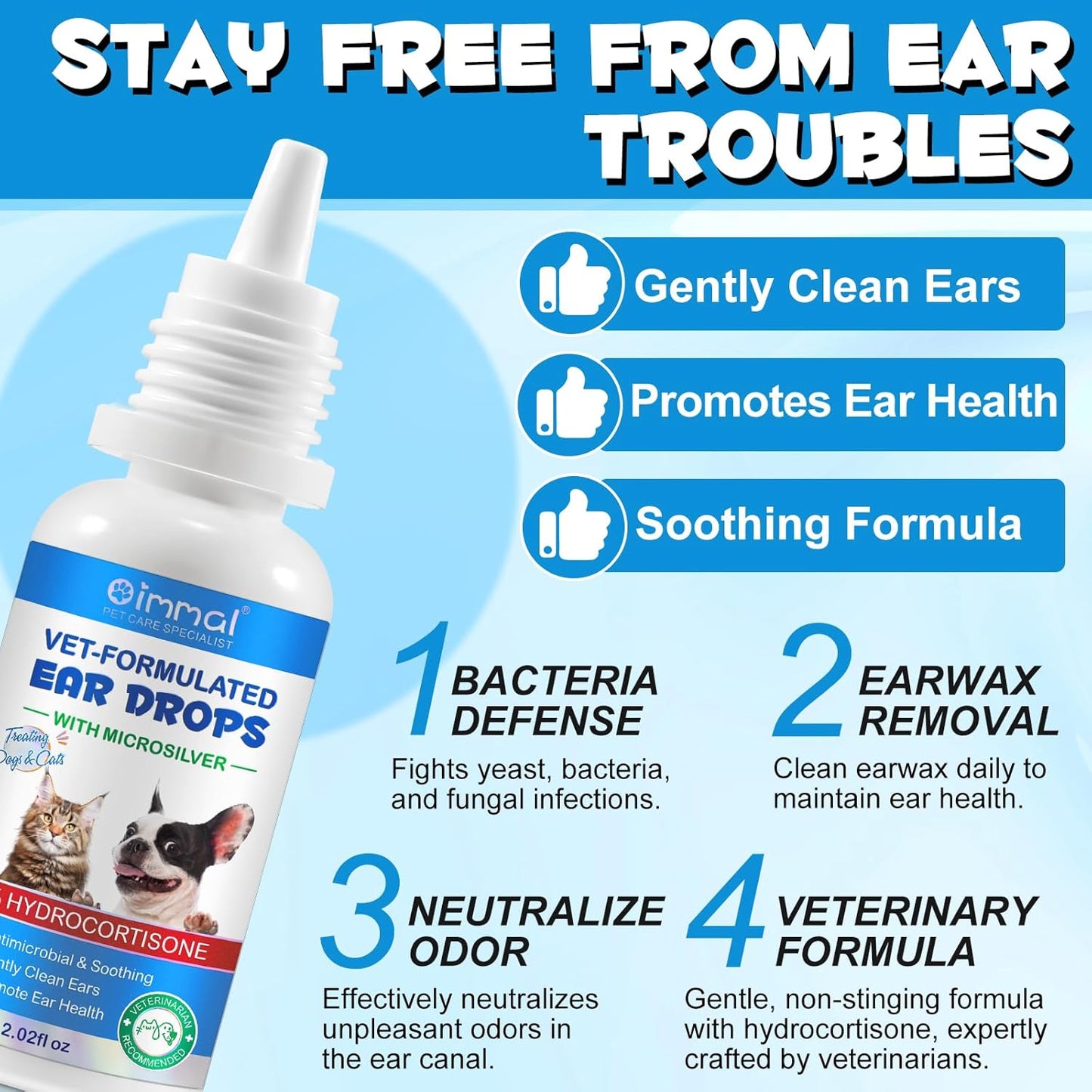 Cat & Dog Ear Infection Treatment Drops - with 1% Hydrocortisone, Itch Relief & Wax Buildup, 60ml