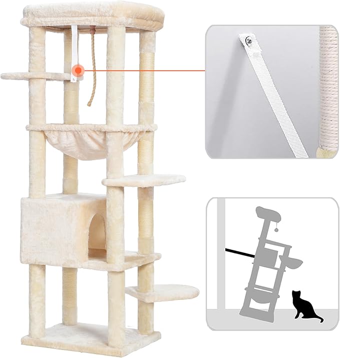 Heybly HCT050M Beige Cat Scratching Post with Blankets for Large Cat Scratching Post Large Platforms Cave 50 x 50 x 153cm