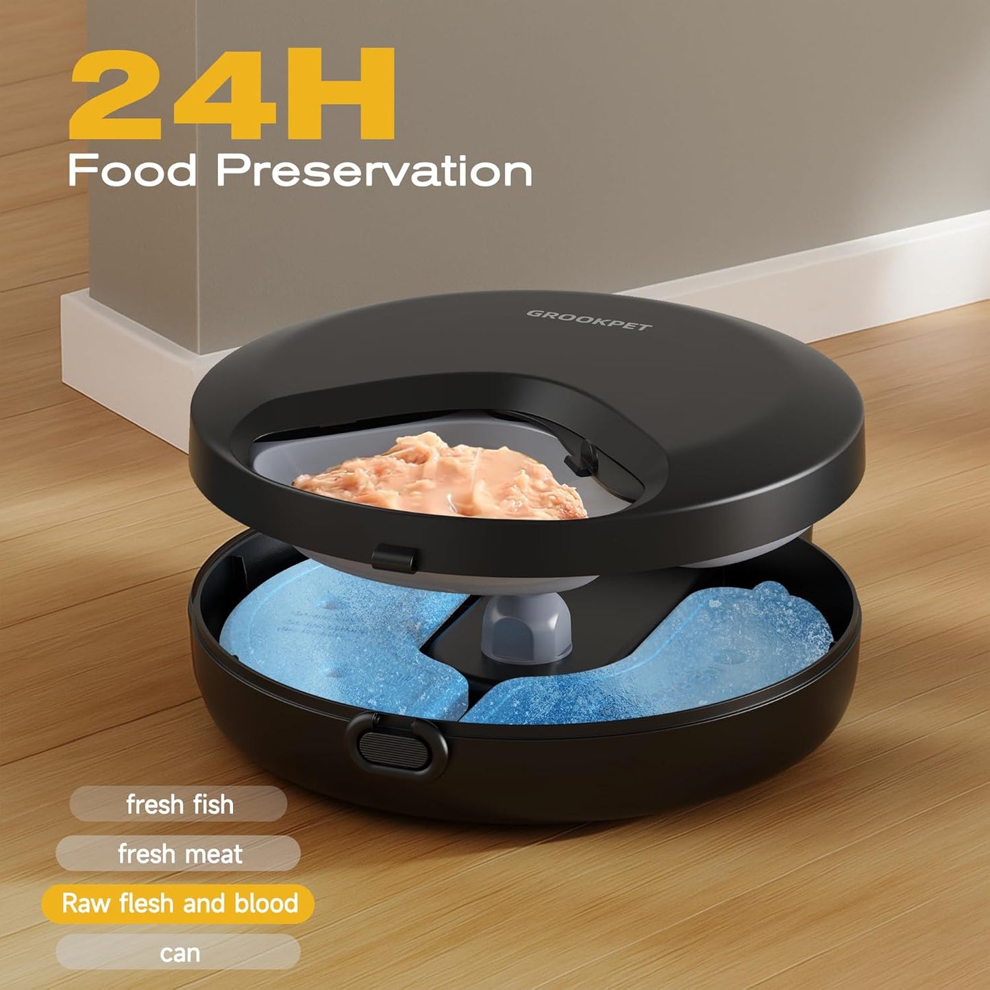 Automatic Cat Feeder Wet Food: Cordless Cat Food Dispenser with Timer - Pet Feeder with Ice Pack for Wet & Dry Food Refrigerated - Auto Wireless Small Dog Feeder Battery Power - Supply 4 Meals per Day