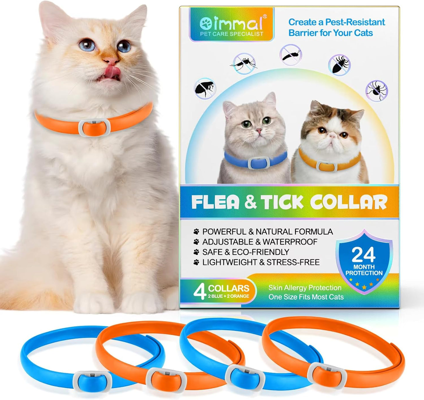 Cat Flea and Tick Collar | 24-Month Flea & Tick Prevention | Adjustable, Water-Resistant & Safe | Natural Ingredients | for Cats of | 4-Pack (Blue and Orange, Normal)