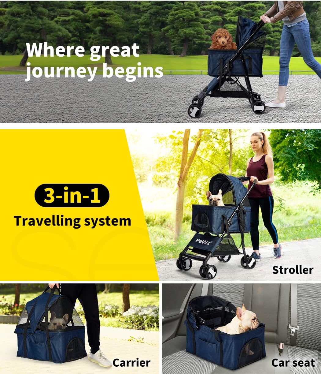 PaWz Large Pet Stroller - Dog Cat Carrier Pushchair, Foldable Pram 4 Wheels Blue
