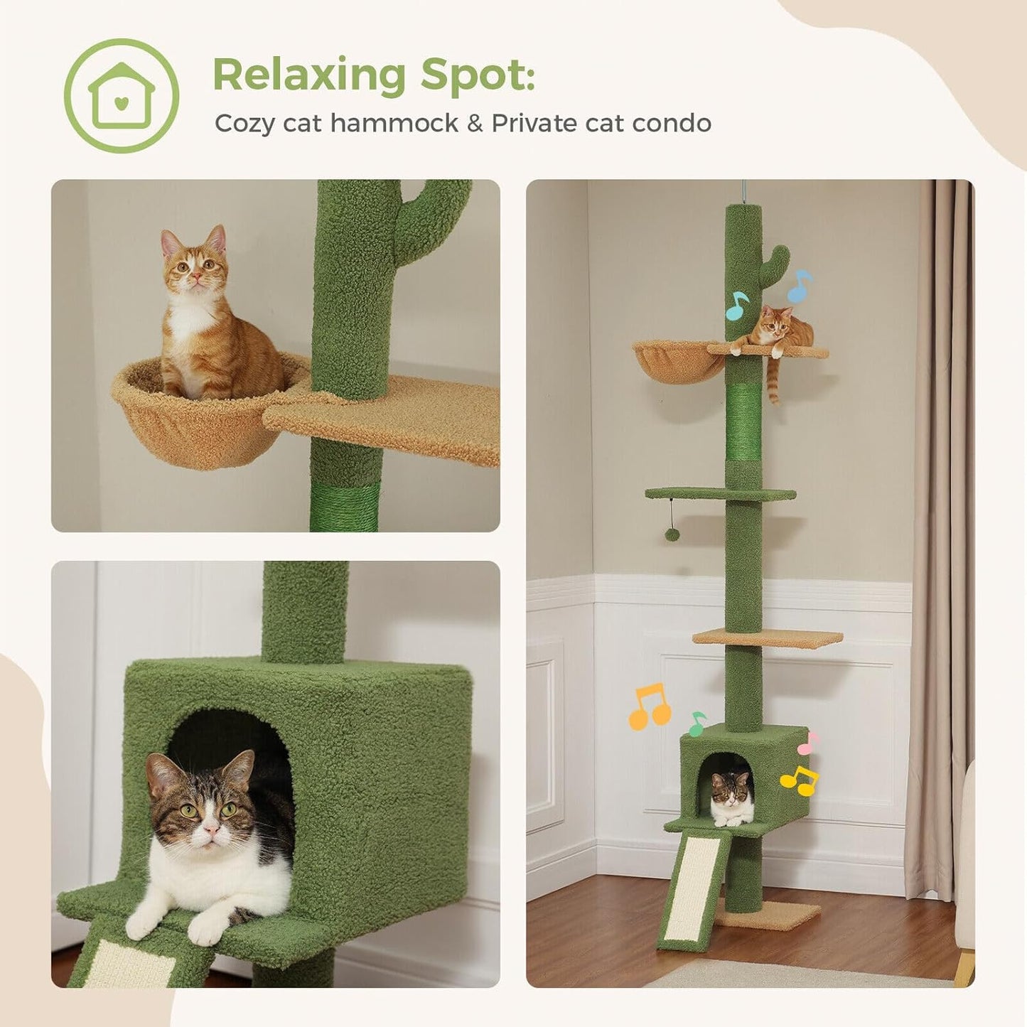 PAWZ Road Floor to Ceiling Cat Tree Tall Cat Tower, Adjustable Height (210-274cm), 5 Tiers Cat Climbing Tree with Cozy Cat Hammock and Condo, Cat Scratching Post for Indoor Cat, Green