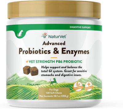 Garmon Corp NaturVet Advanced Probiotics & Enzymes Plus Vet Strength PB6 Probiotic for Dogs, 120 ct Soft Chews, Made in USA