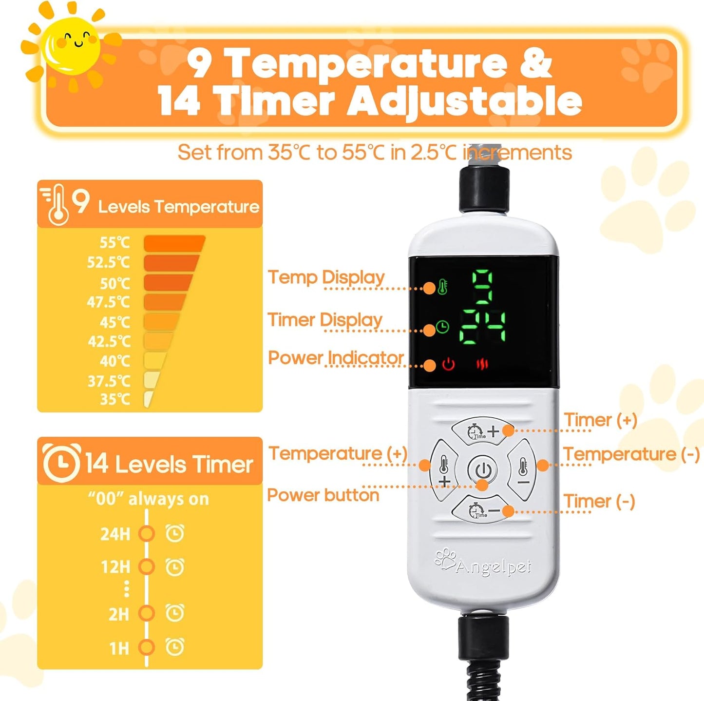 Pet Heating Pad for Dogs & Cats XL 60x90cm – 9 Adjustable Temperature Levels (35–55℃) & 14 Timer Settings (0–12H/24H), Electric Heated Pet Mat with Chew-Resistant 1.8m Cord,2 Washable Covers