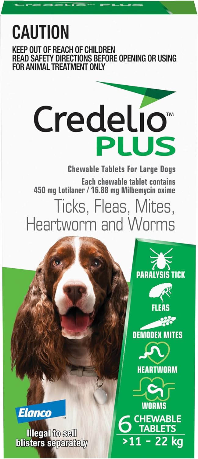 Credelio PLUS Dog Flea and Tick Treatment, Six Pack, Ticks, Fleas, Mites, Heartworm & Worms Parasite Protection, in the Smallest Monthly Chewable Tablet for Dogs > 11 - 22 kg, 6 Pack
