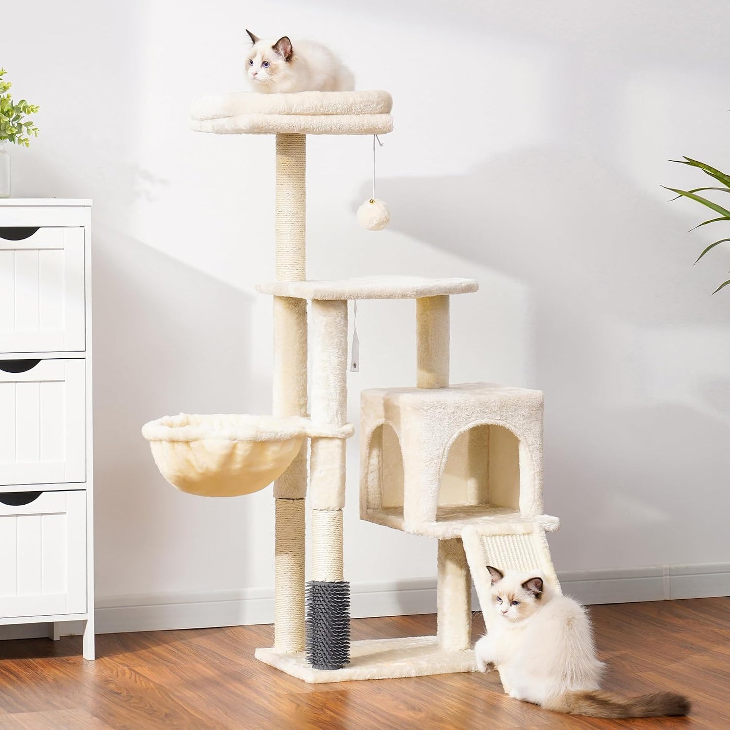 Heybly Cat Tree with Cat Self Groomer Brush, Cat Tower Condo for Indoor Cats with Padded Plush Perch,Beige