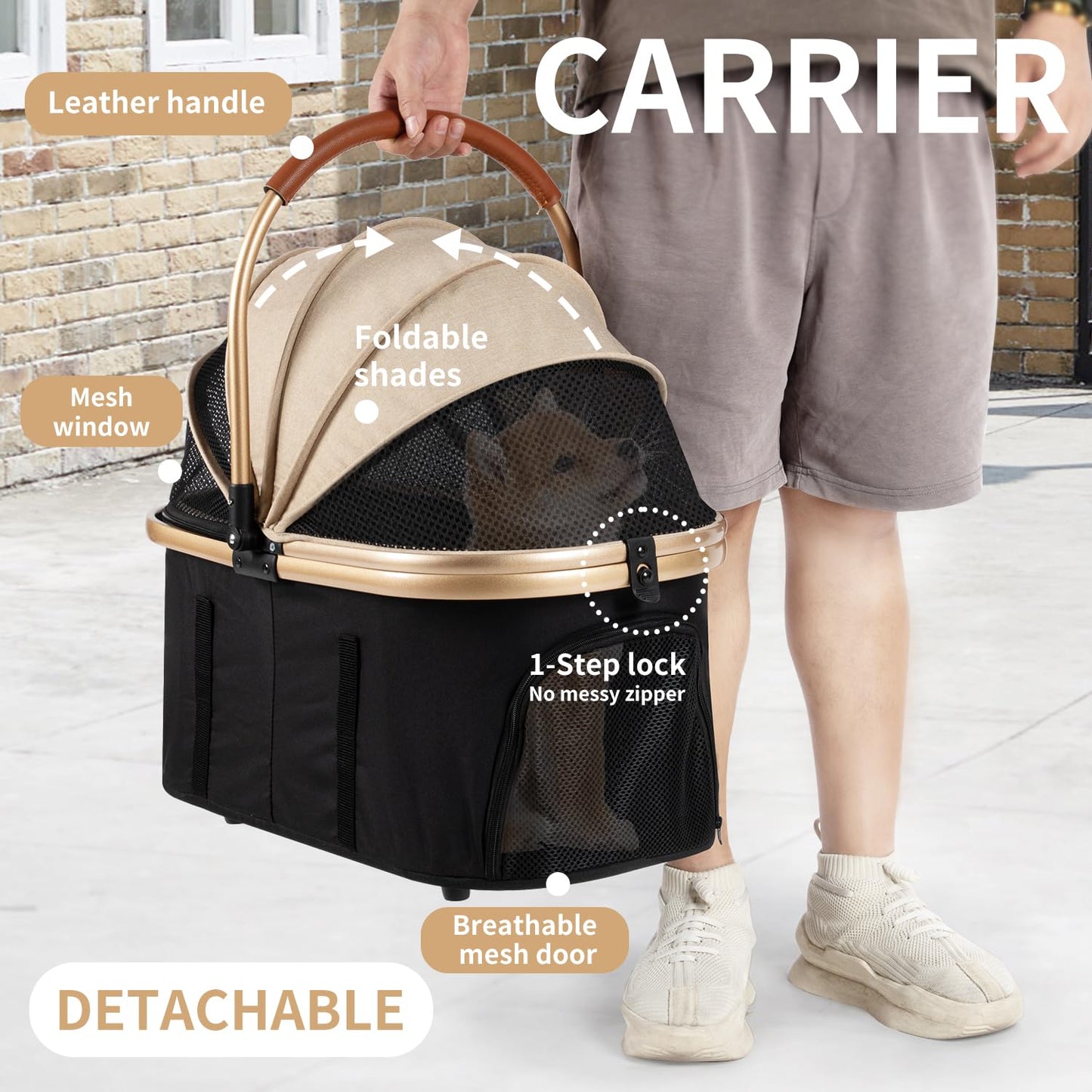 3 in 1 Pet Stroller with 4 Wheels, Foldable Pet Travel Carrier for Small/Medium Dogs Cats up to 50lbs, Detachble Portable Cat Bag, Storage Basket