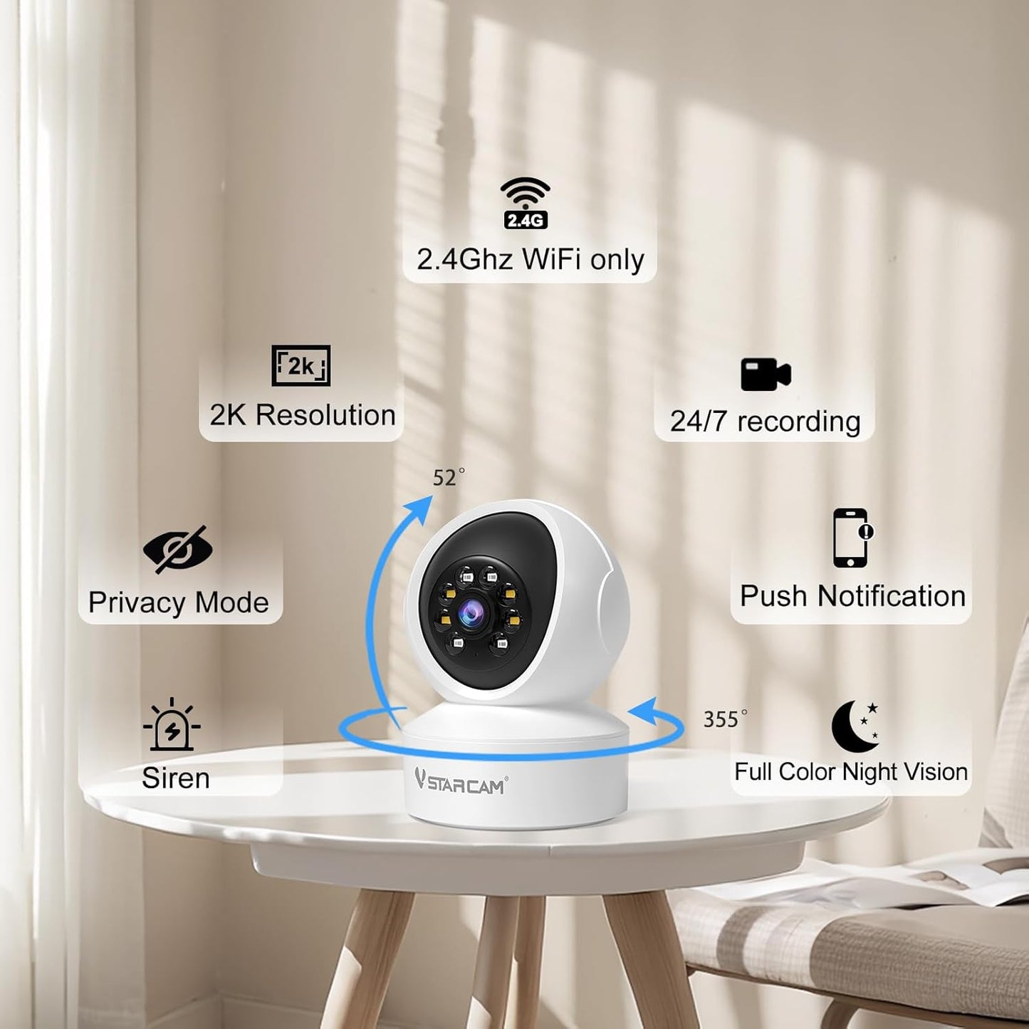 VSTARCAM Indoor Security Camera,2K HD WiFi Camera,Baby Camera,360° PTZ Camera,Dog Camera,Pet Camera,Baby Monitor,Night Vision(Led Camera CS49L)