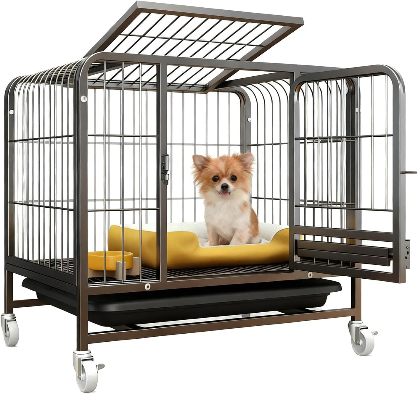 Dog Crate with Removable Tray, Large Dog Cage with Wheels, Double Door Kennel Black 77 * 51 * 71cm