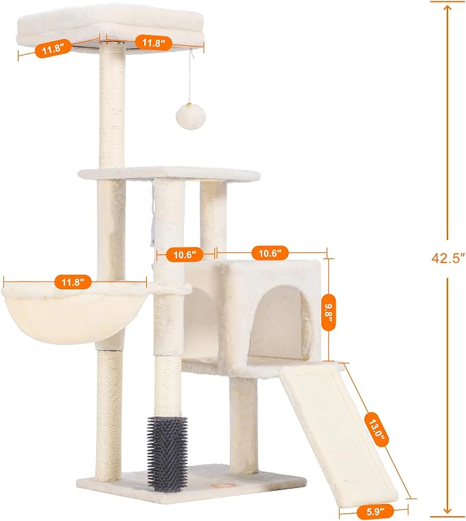 Heybly Cat Tree with Cat Self Groomer Brush, Cat Tower Condo for Indoor Cats with Padded Plush Perch,Beige