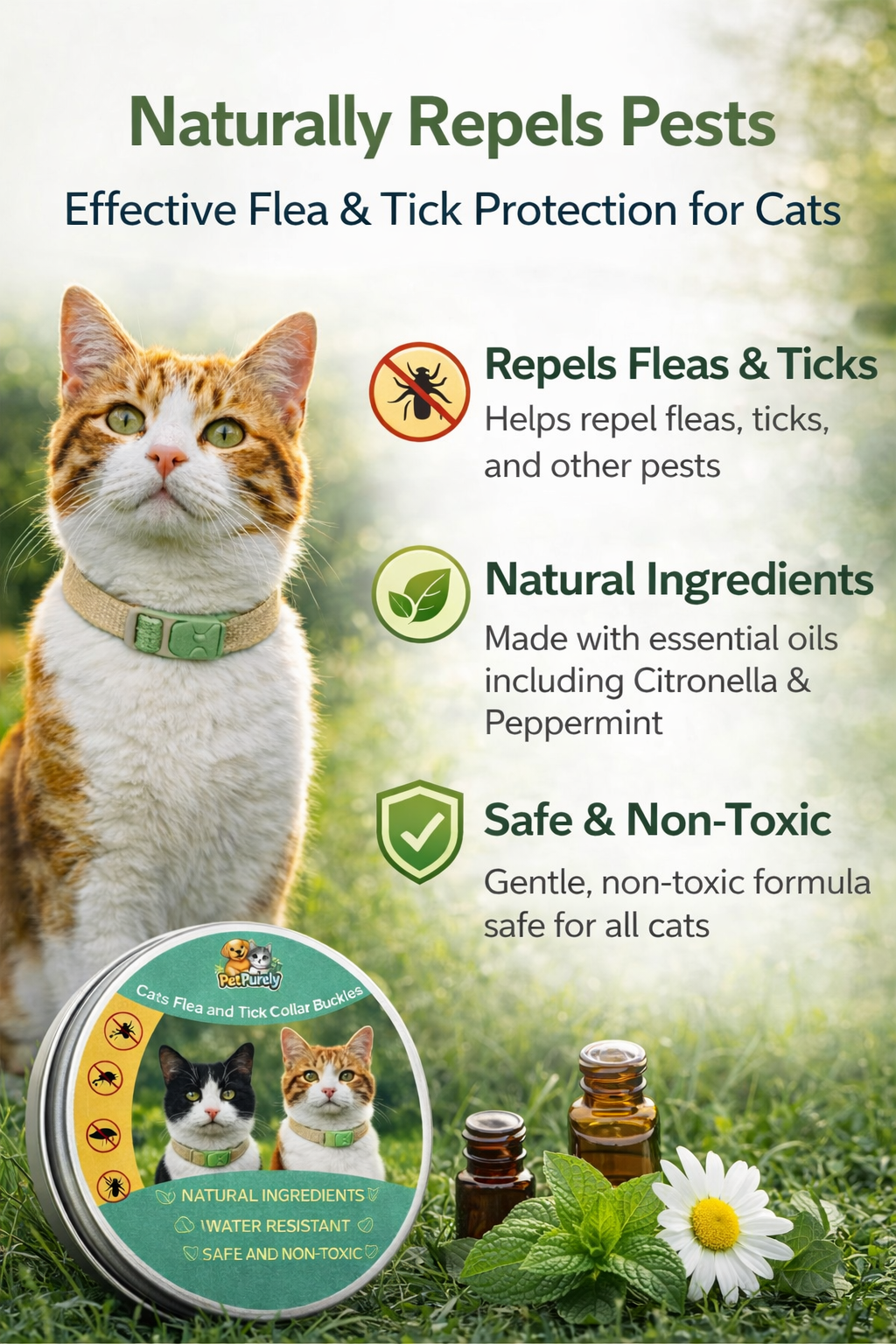 Natural Flea & Tick Collar Buckle for Cats with Refills