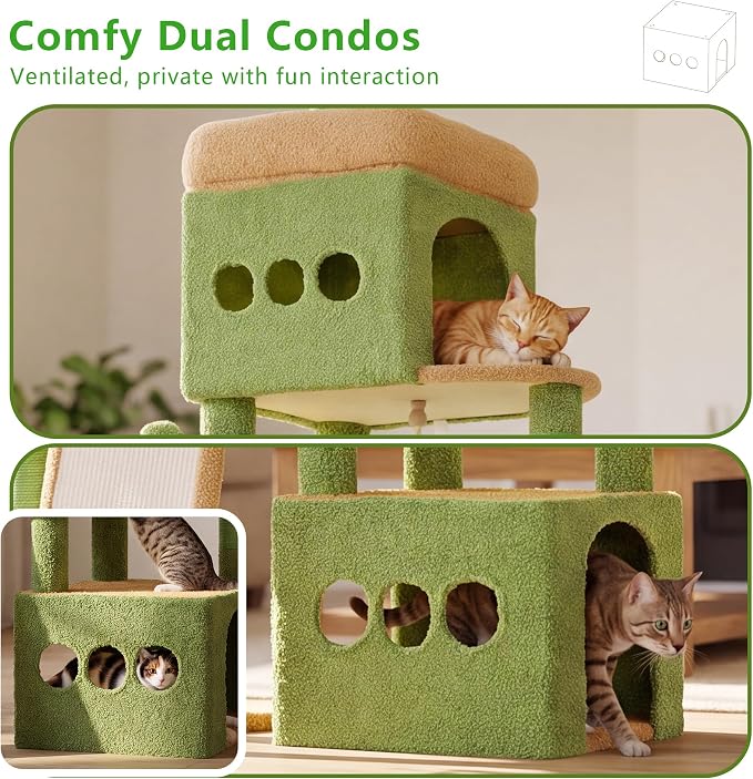 Heybly Cat Tree 72.4-Inch Anti-Tip Cat Tower with Spacious Perches HCT060GY | All-in-One Cat Furniture for Large Cats, Multiple Interactive Areas, Extra-Large Sisal Scratching Board, Green and Yellow