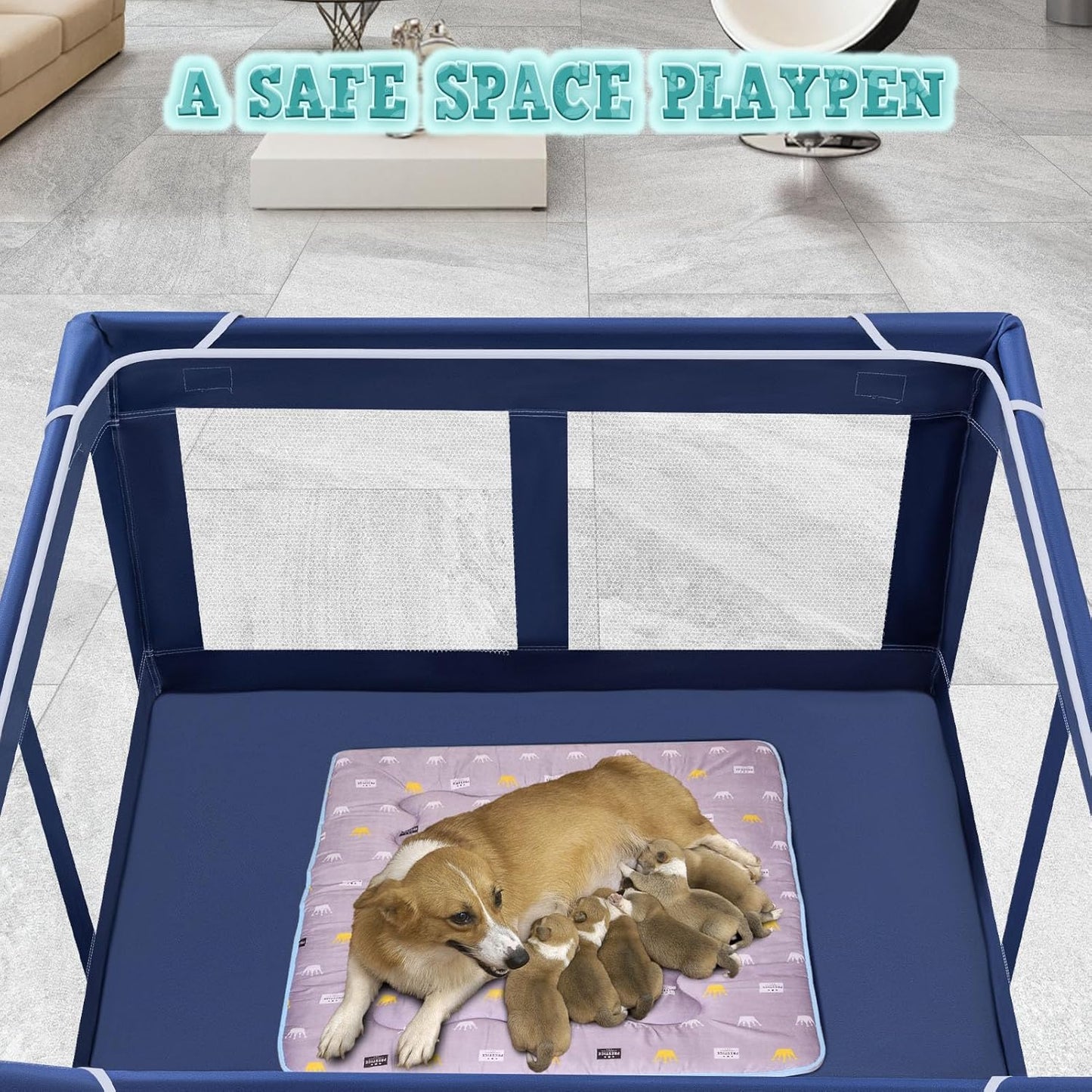 XVISHX 42x42x25.6 Inches Puppy Playpen with Gate, Dog Fence for Indoor & Outdoor, Blue