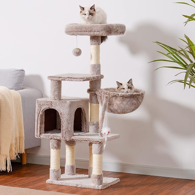 Heybly 110cm Cat Tree with Toy, Cat Tower for Indoor Cats, Cat Play Tower with Padded Plush Perch,Mushroom