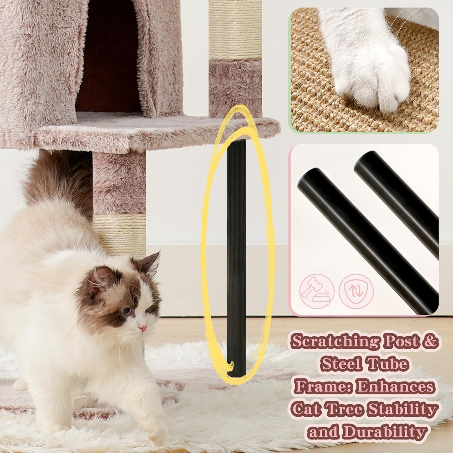 Heybly HCT200SMU Cat Scratching Post, 125 cm, Small Cat Tree, Spacious and Comfortable Scratching Post with Cave