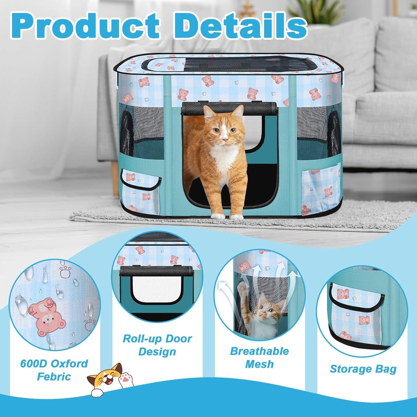 Foldable Dog Playpen Indoor,Expandable Puppy Playpen,(S 27"L x 19"W x 17"H, Blue)