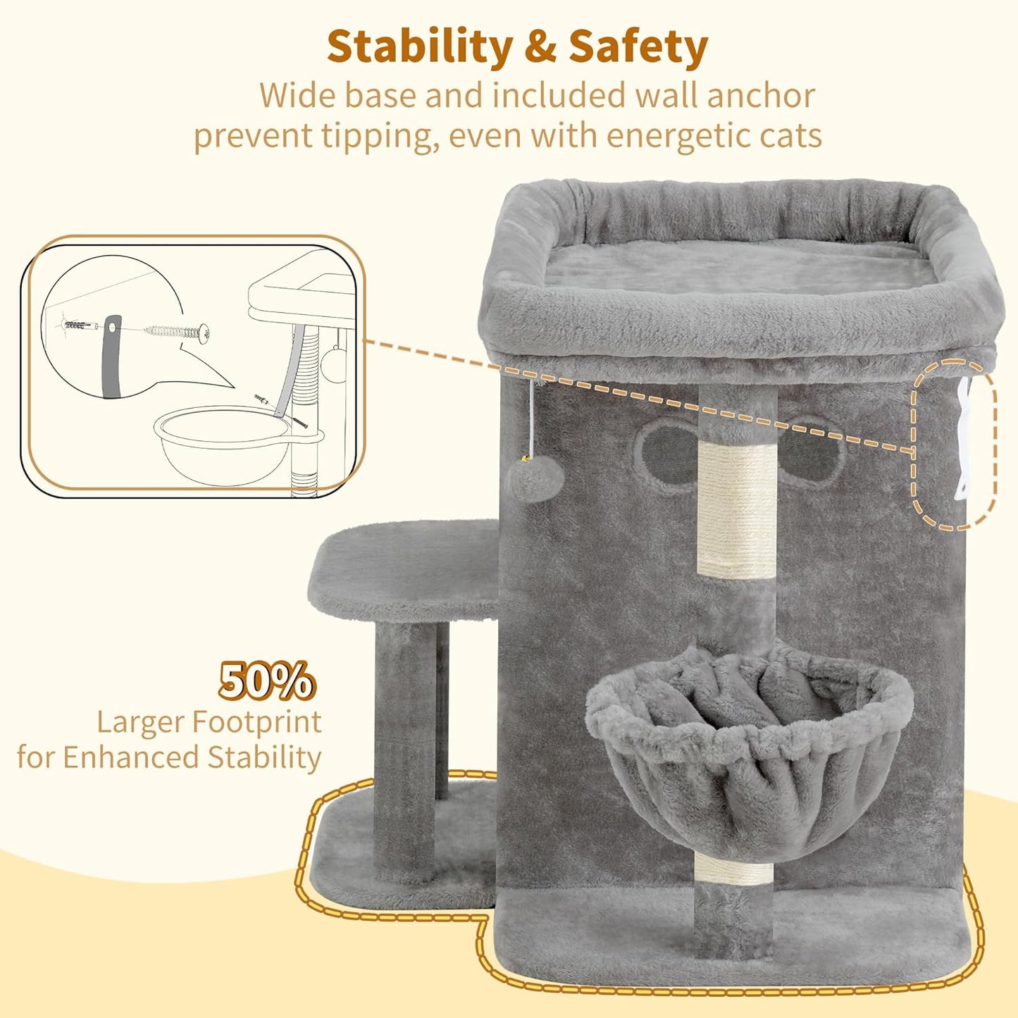 Heybly Cat Tree, 65cm Cat Tower with Spacious Top Perch for Large Cats,Light Grey