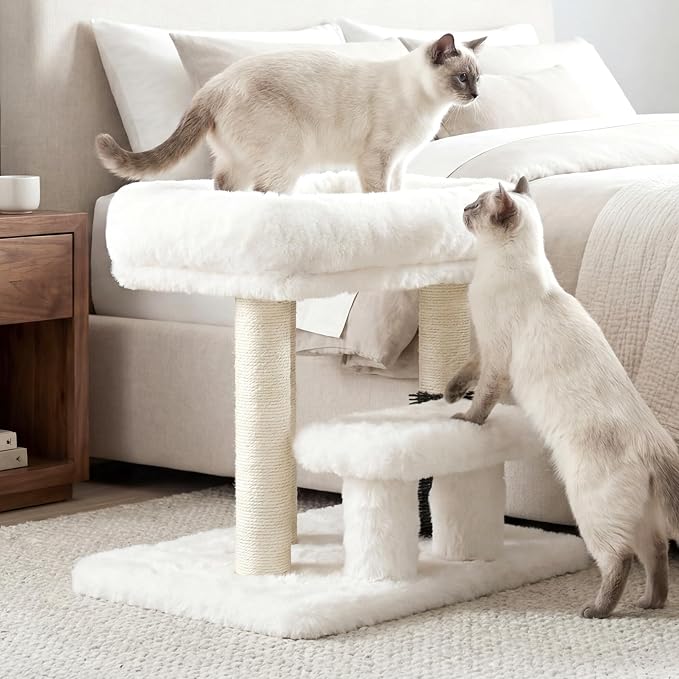 Heybly Cat Scratching Post with Grooming Brush & Gentle Step, HSP001SWH | White