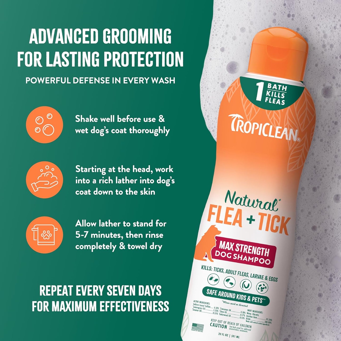TropiClean Max Strength Flea and Tick Shampoo Treatment for Dogs,Made in USA, 20oz