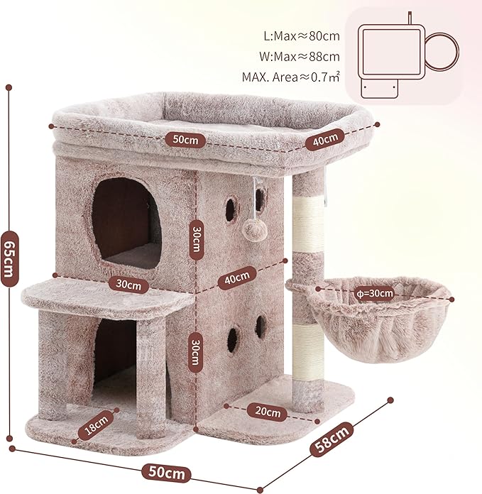Heybly Cat Tree, 65cm Cat Tower with Spacious Top Perch for Large Cats, Stair-Style Cat House Furniture with Dual-Layer Condos, Sisal Scratching Posts, Cozy Basket & Pompom, Muchroom HCT204SMU
