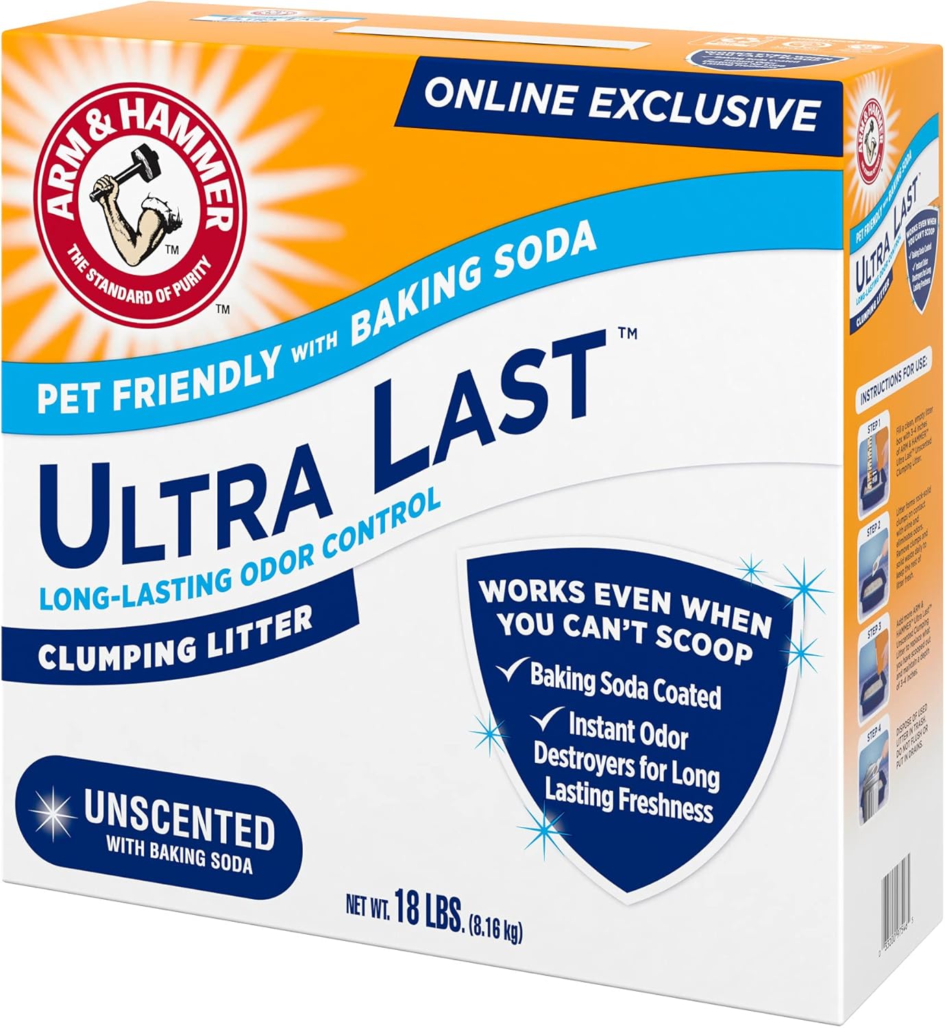 ARM & HAMMER Ultra Last Clumping Cat Litter Unscented MultiCat 18 Lbs. Pet Friendly with Baking Soda Odor Control Litter-USA product