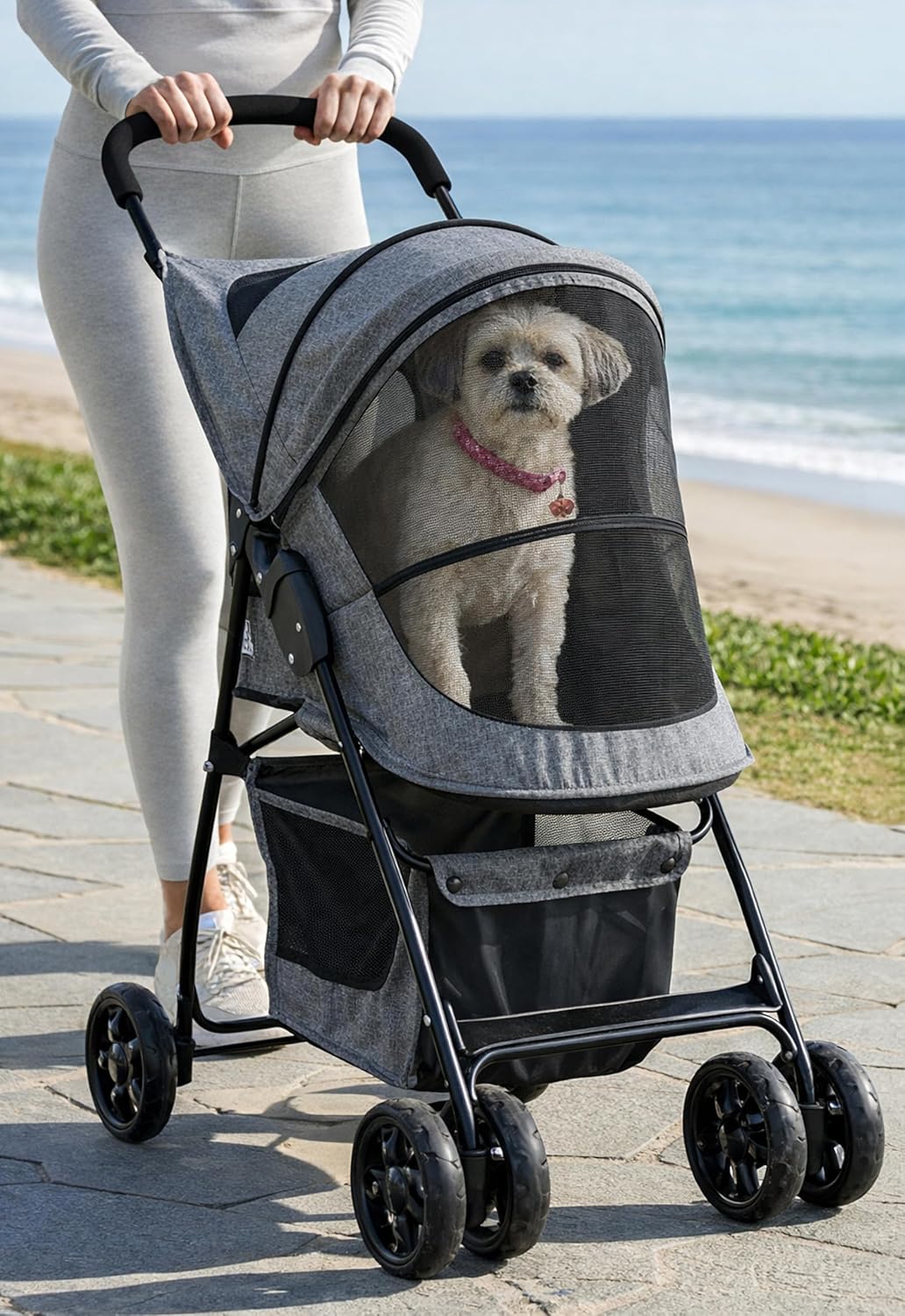 Dog Stroller, 24" Pet Cradle, Large PU Wear-Resistant Wheels, Cat Stroller for Small & Medium 55 lbs, Lightweight Pet Stroller, Detachable Aluminum Cradle, Cup Holder