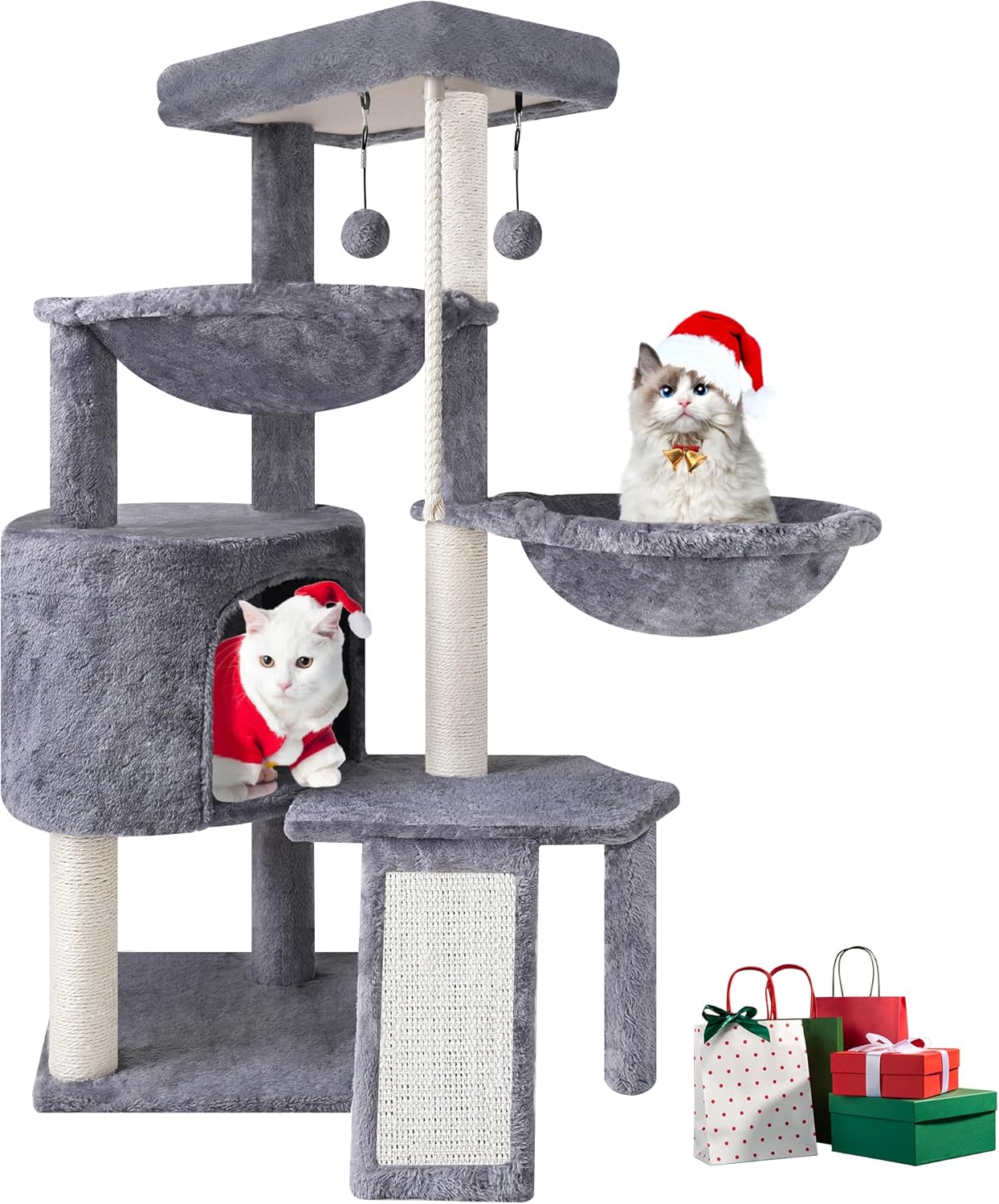 TWDEPART Cat Tree Tower with Scratching Posts,Activity Centre Climbing Tree Furniture with Cat Condo and Two Hammocks,Grey