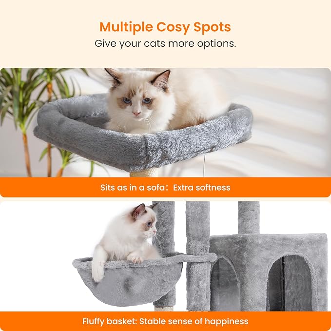 Heybly Cat Tree with Cat Self Groomer Brush, Cat Tower Condo for Indoor Cats ,Light Grey