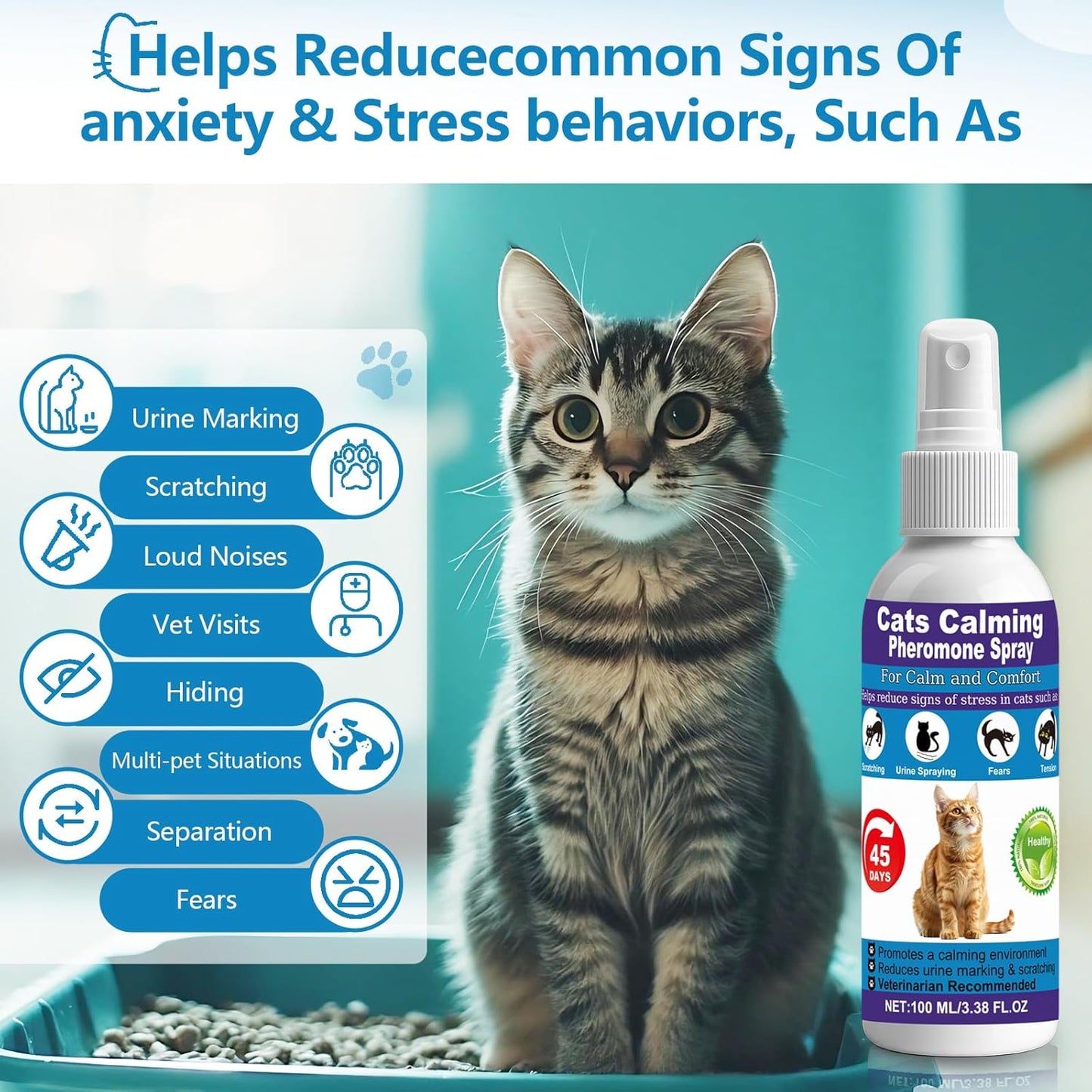 【𝐇𝐢𝐠𝐡𝐥𝐲 𝐄𝐟𝐟𝐞𝐜𝐭𝐢𝐯𝐞】Cat Calming Pheromone Spray for Stress & Anxiety ReliefDrug-Free & Vet Recommended – with F3 Facial Pheromone 6.76oz