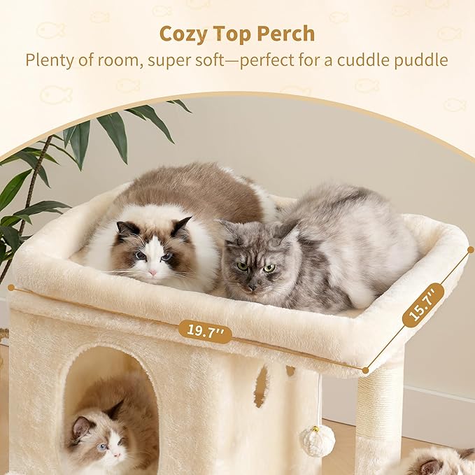 Heybly Cat Tree, 65cm Cat Tower with Spacious Top Perch for Large Cats,Beige