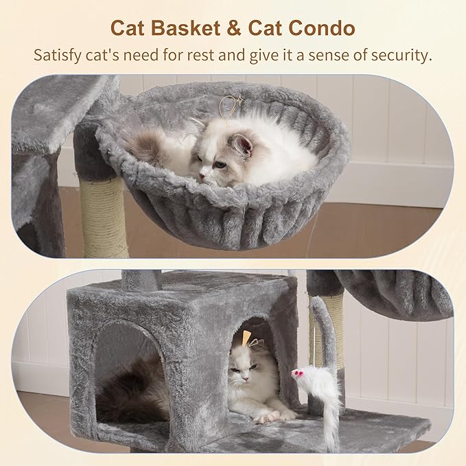 Heybly 110cm Cat Tree with Toy, Cat Tower for Indoor Cats, Cat Play Tower with Padded Plush Perch, Grey