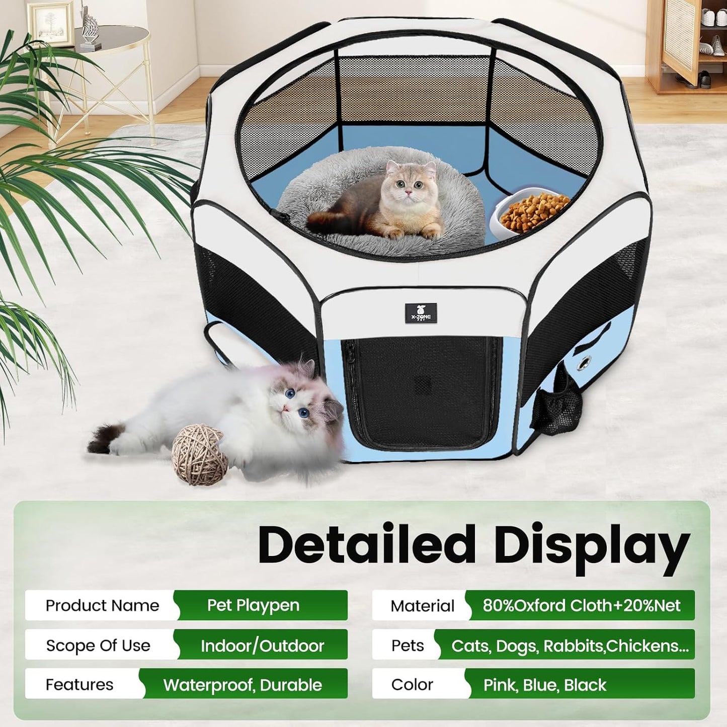 X-ZONE PET Portable Foldable Pet Dog Cat Playpen Crates Kennel/Premium 600D Oxford Cloth,Removable Zipper Top, Indoor and Outdoor Use (Large, Blue)