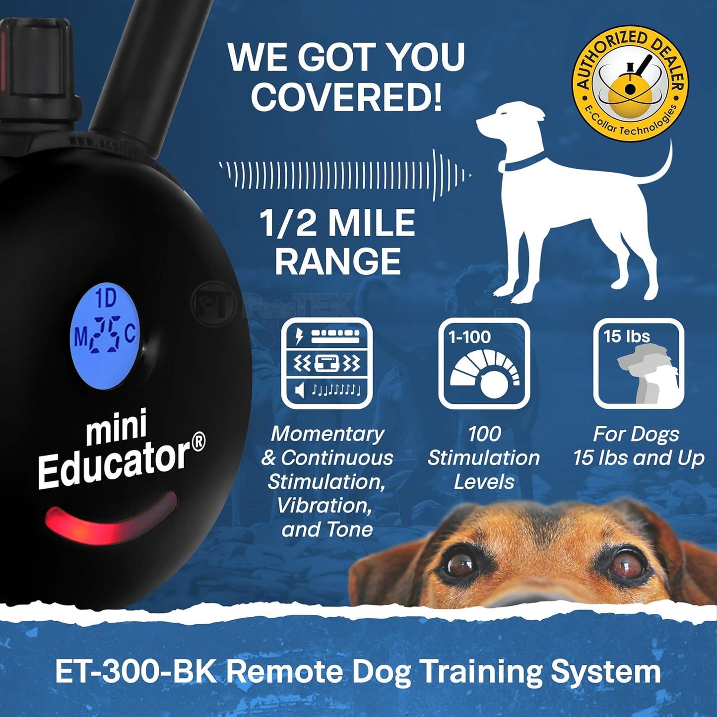 Educator ET-300 Black Mini E Collar for Dog Training with Remote - 1/2 Mile Range, Waterproof, 100 Blunt Stimulation Levels