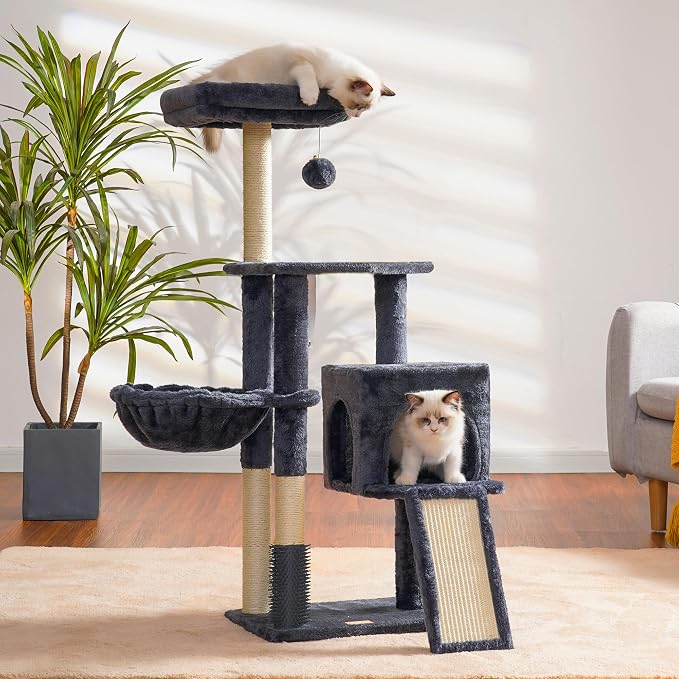 Heybly Cat Tree with Cat Self Groomer Brush, Cat Tower Condo for Indoor Cats with Padded Plush Perch,Grey