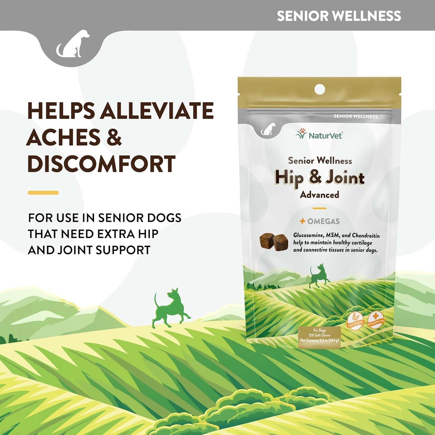 NaturVet Senior Wellness Hip & Joint Advanced Plus Omegas for Dogs, 120 ct Soft Chews, Made in USA