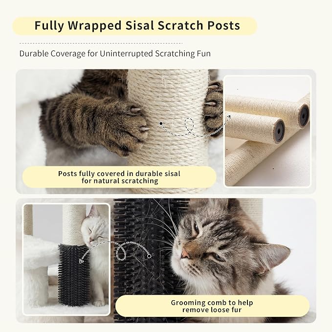 Heybly Cat Scratching Post with Grooming Brush & Gentle Step, HSP001SWH | White