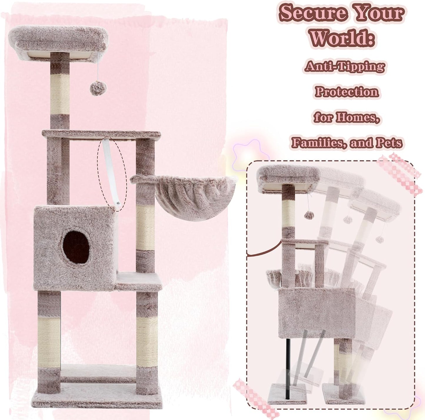 Heybly HCT200SMU Cat Scratching Post, 125 cm, Small Cat Tree, Spacious and Comfortable Scratching Post with Cave