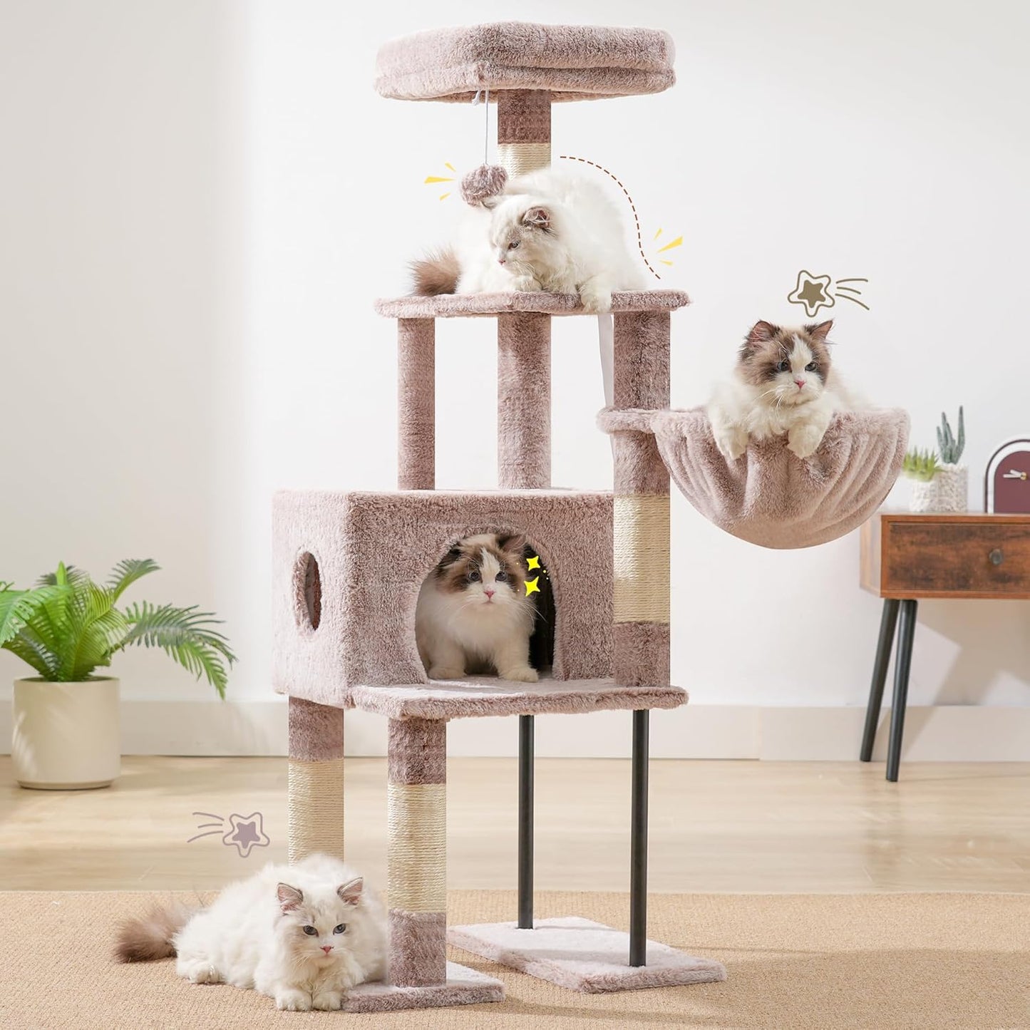 Heybly HCT200SMU Cat Scratching Post, 125 cm, Small Cat Tree, Spacious and Comfortable Scratching Post with Cave